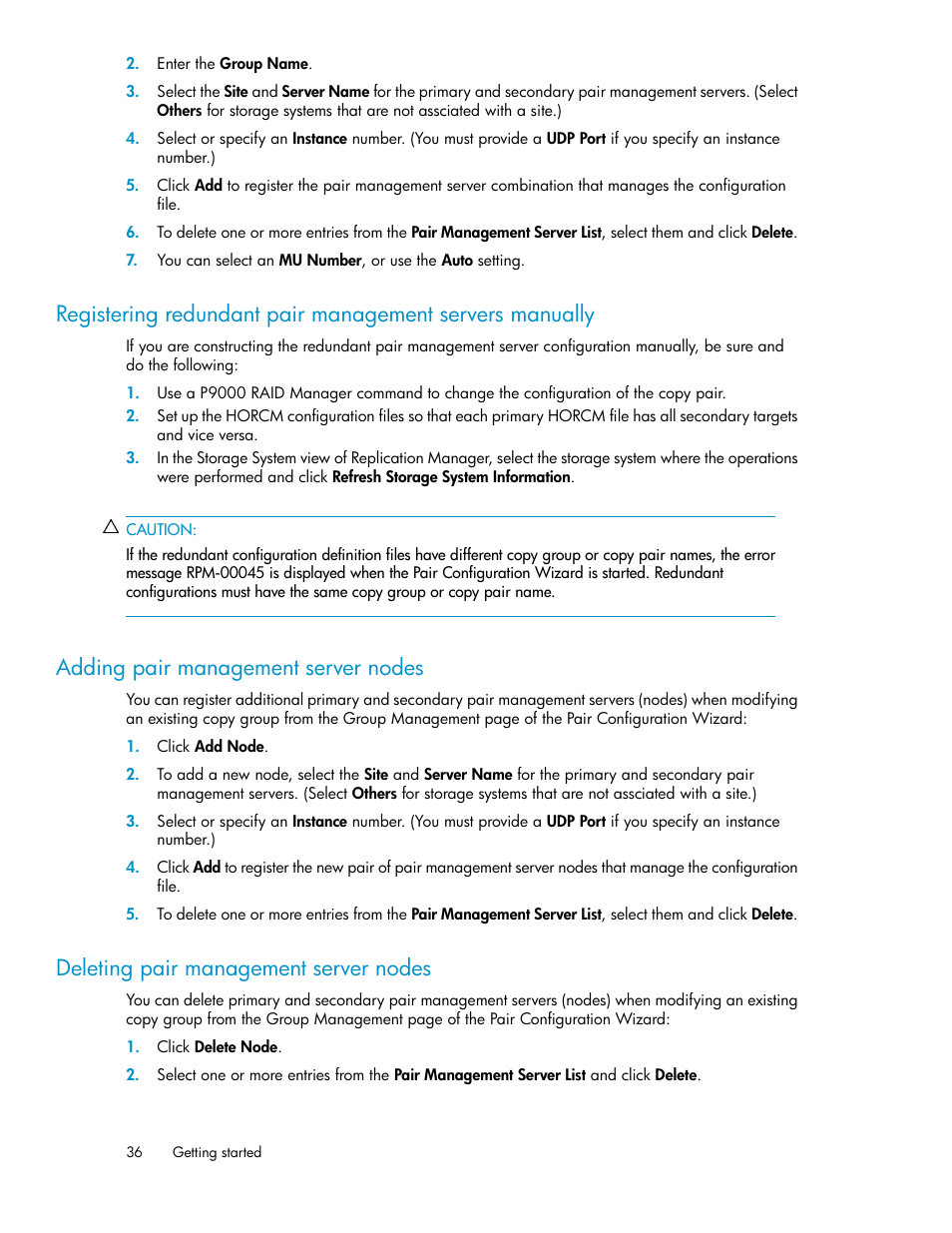 Adding pair management server nodes, Deleting pair management server nodes, 36 adding pair management server nodes | 36 deleting pair management server nodes | HP XP Racks User Manual | Page 36 / 482