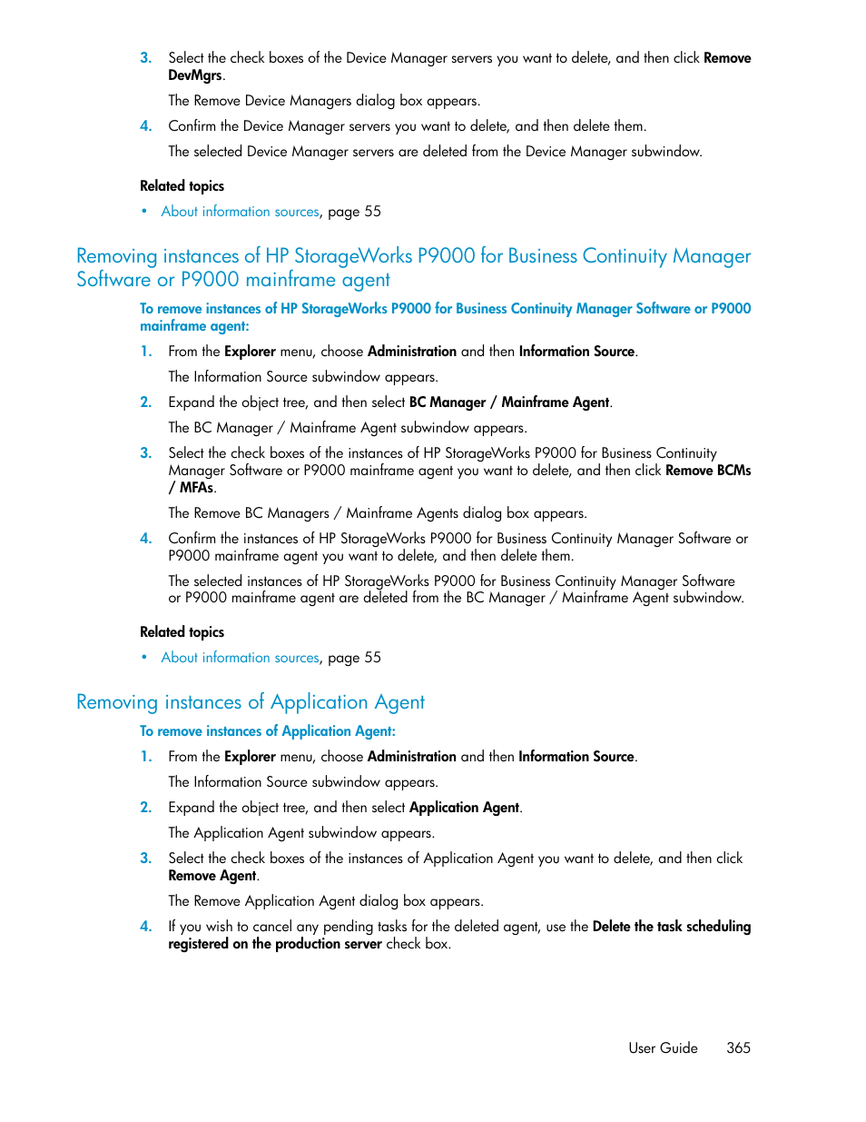 Removing instances of application agent, 365 removing instances of application agent, P9000 mainframe agent | HP XP Racks User Manual | Page 365 / 482