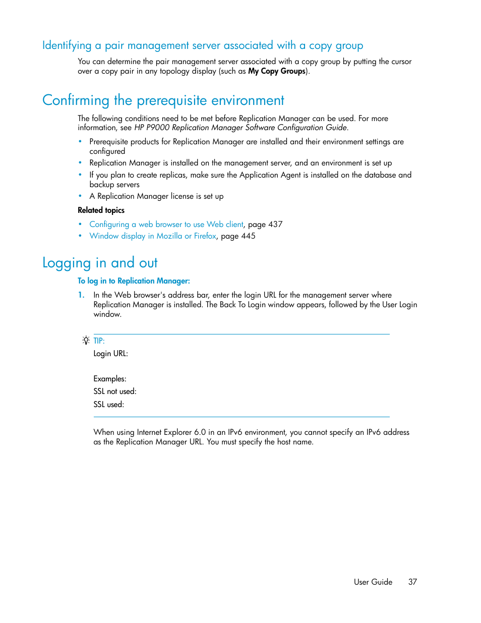 Confirming the prerequisite environment, Logging in and out, 37 logging in and out | HP XP Racks User Manual | Page 37 / 482