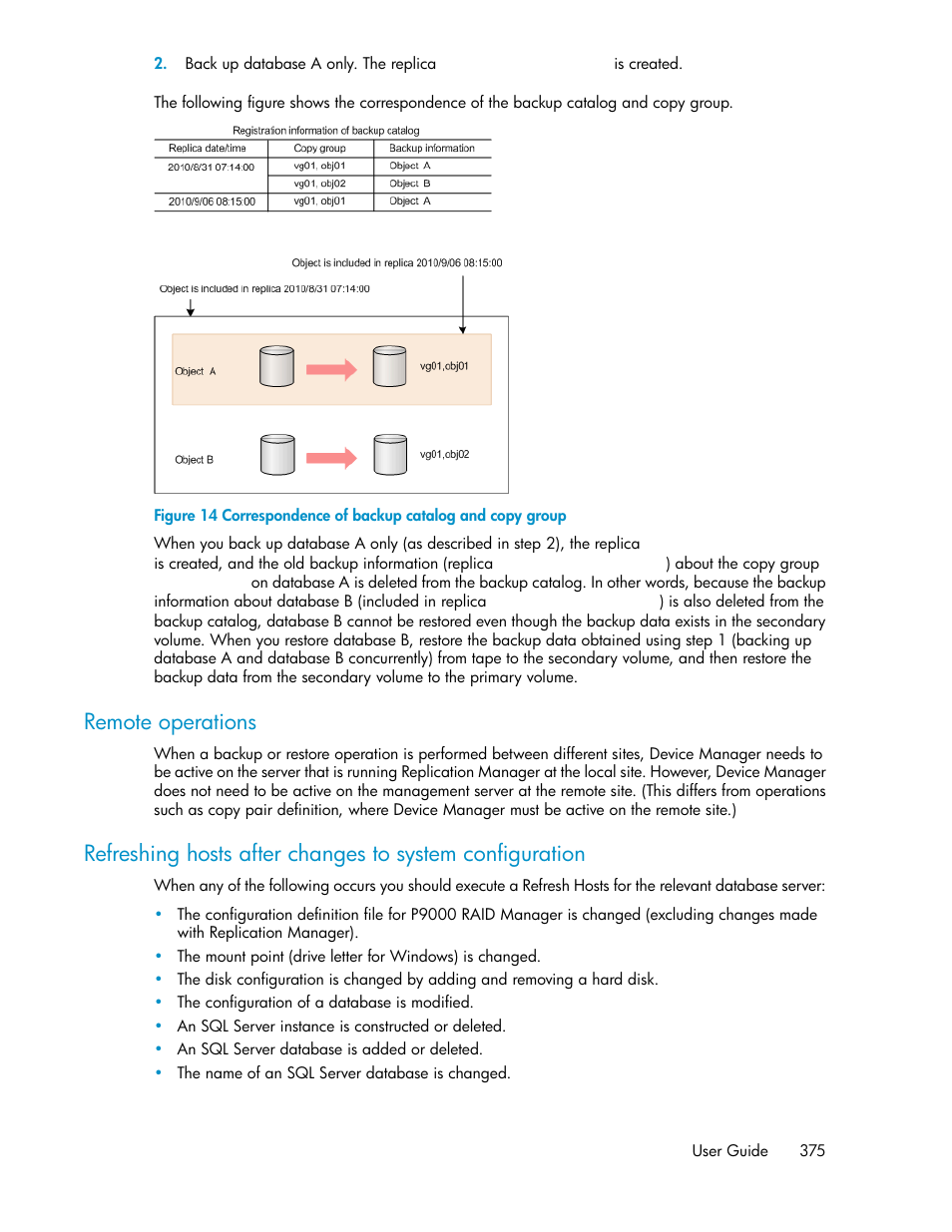 Correspondence of backup catalog and copy group, Remote operations | HP XP Racks User Manual | Page 375 / 482