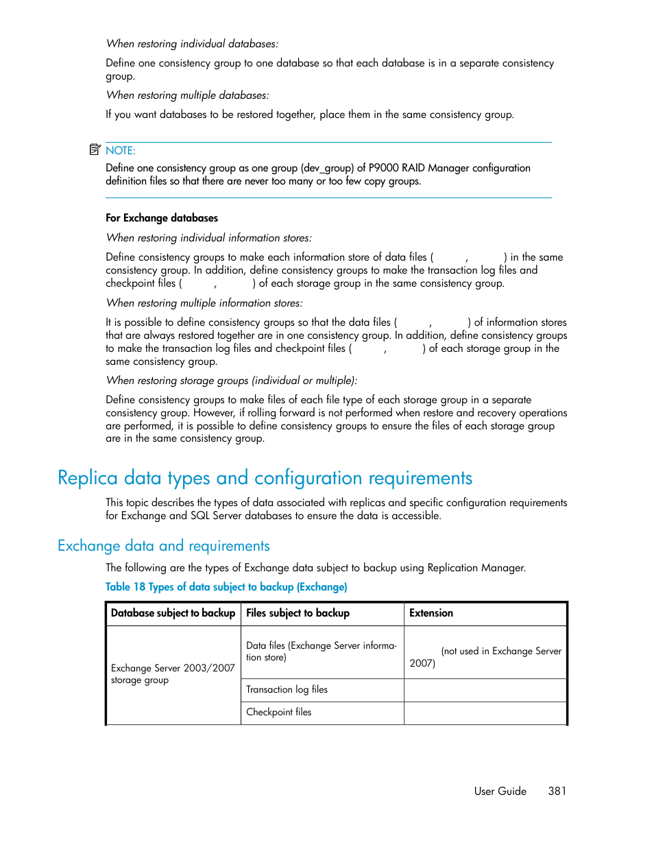 Replica data types and configuration requirements, Types of data subject to backup (exchange), Exchange data and requirements | HP XP Racks User Manual | Page 381 / 482