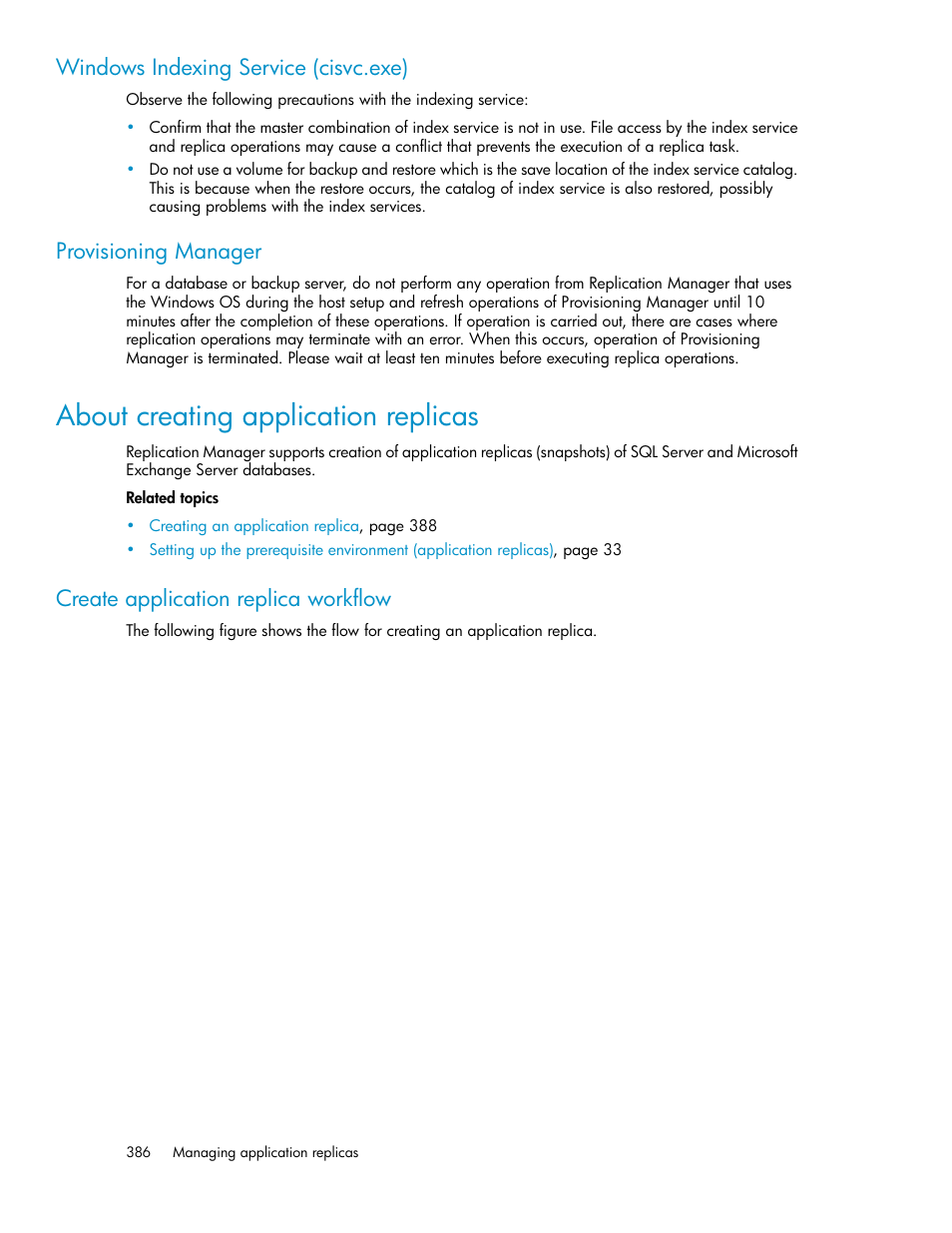 About creating application replicas, Create application replica workflow, Windows indexing service (cisvc.exe) | Provisioning manager | HP XP Racks User Manual | Page 386 / 482