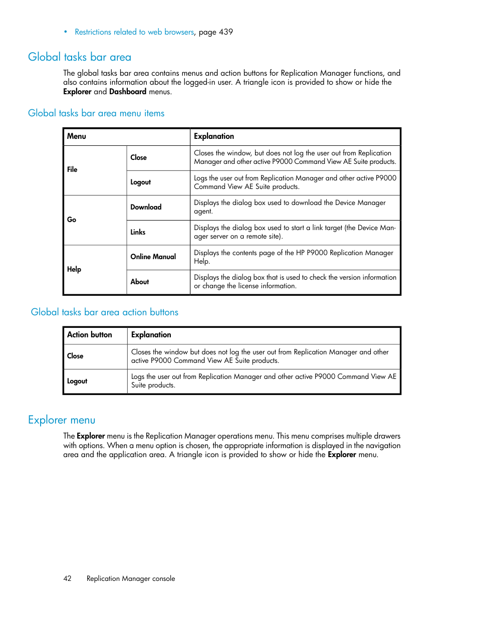 Global tasks bar area, Explorer menu, 42 explorer menu | HP XP Racks User Manual | Page 42 / 482