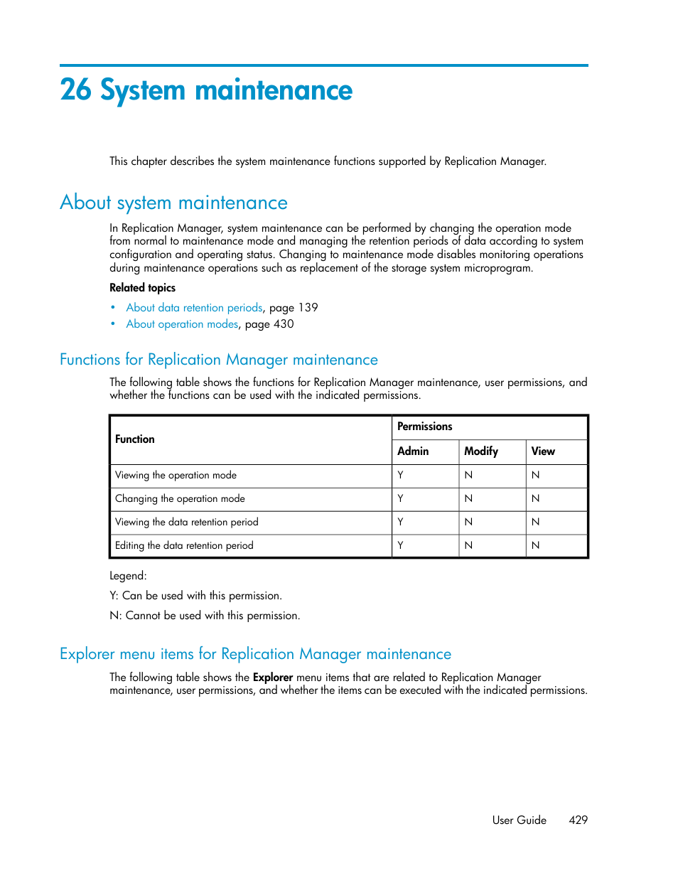 26 system maintenance, About system maintenance, Functions for replication manager maintenance | HP XP Racks User Manual | Page 429 / 482