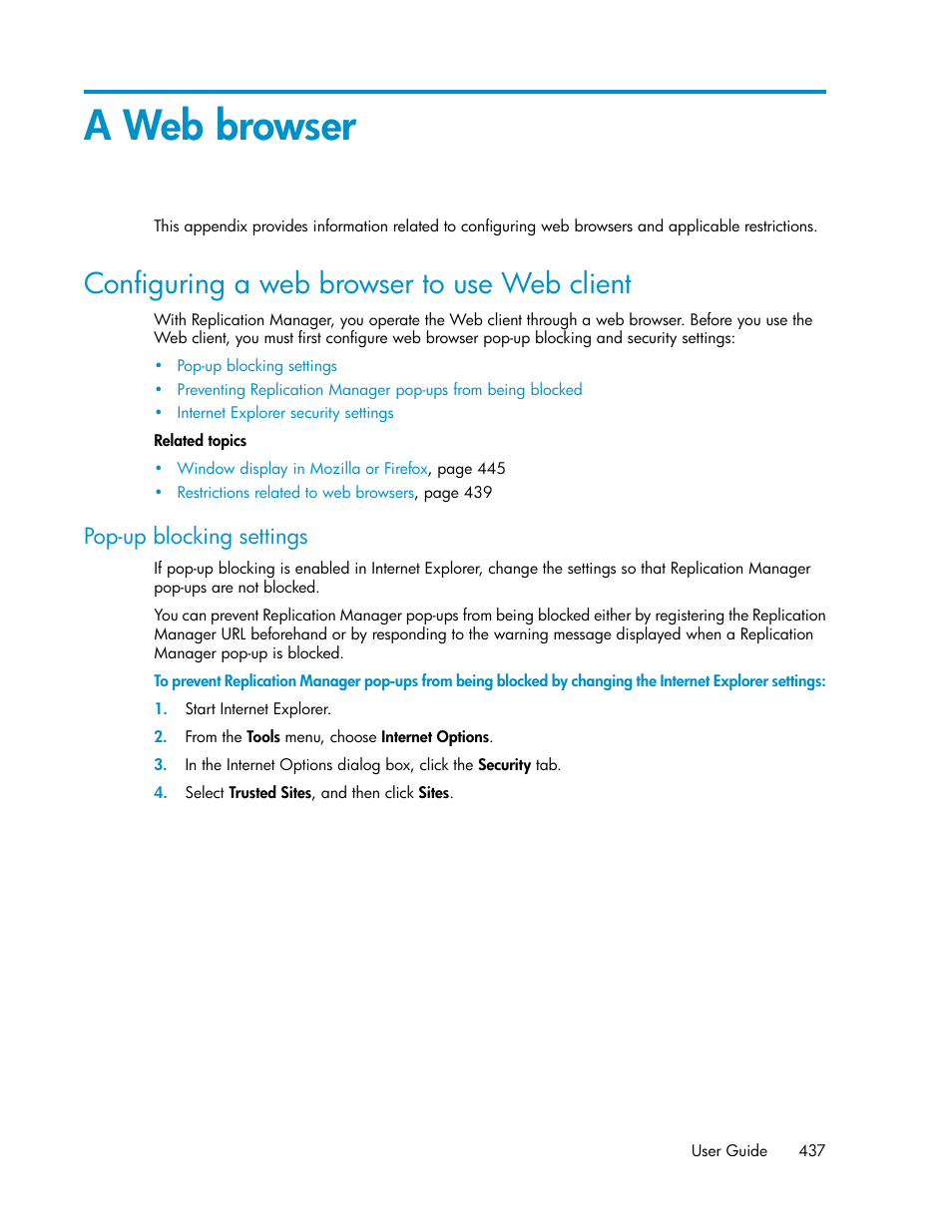 A web browser, Configuring a web browser to use web client, Pop-up blocking settings | HP XP Racks User Manual | Page 437 / 482