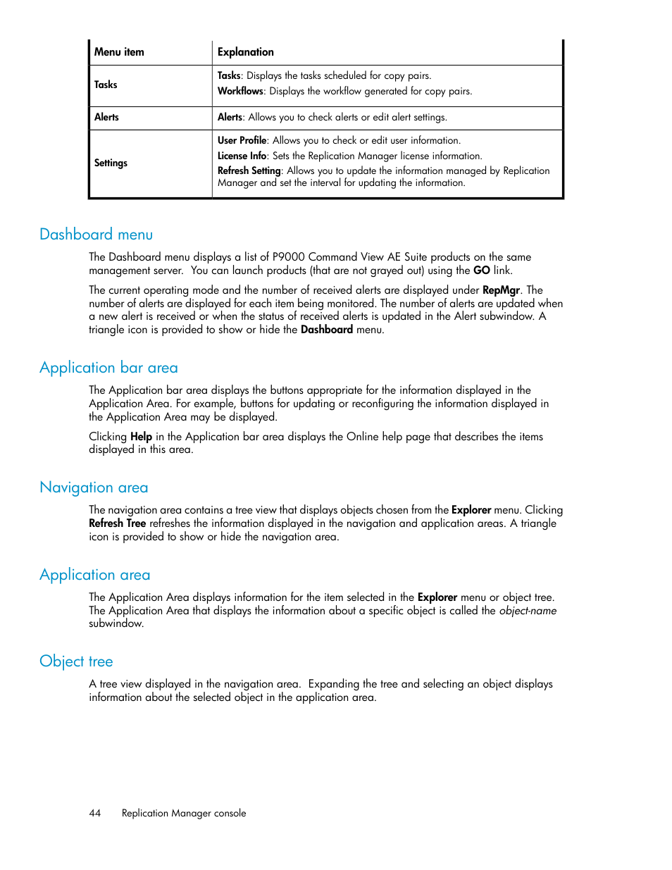 Dashboard menu, Application bar area, Navigation area | Application area, Object tree, 44 application bar area, 44 navigation area, 44 application area, 44 object tree | HP XP Racks User Manual | Page 44 / 482