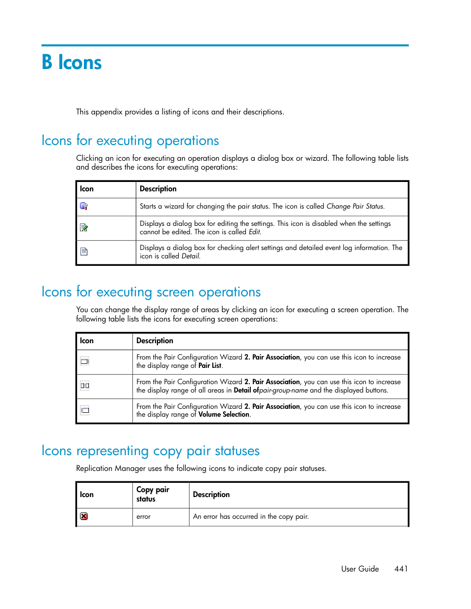 B icons, Icons for executing operations, Icons for executing screen operations | Icons representing copy pair statuses, 441 icons for executing screen operations, 441 icons representing copy pair statuses | HP XP Racks User Manual | Page 441 / 482