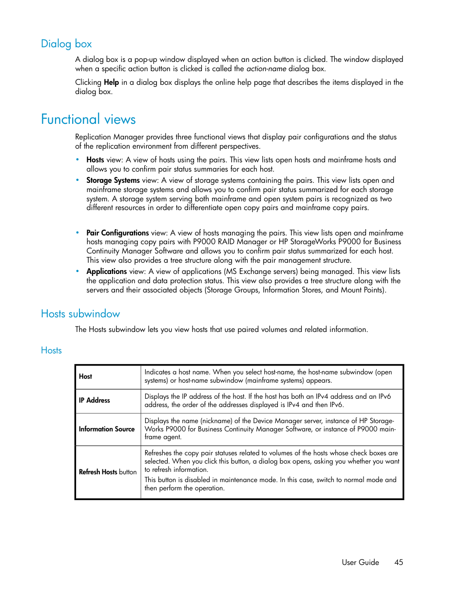 Dialog box, Functional views, Hosts subwindow | HP XP Racks User Manual | Page 45 / 482