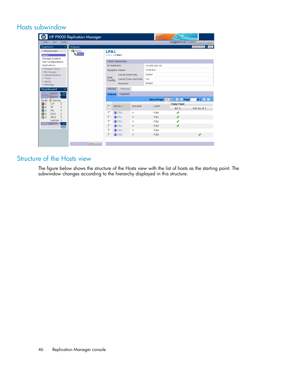 Hosts subwindow, Structure of the hosts view, 46 structure of the hosts view | Hosts subwindow structure of the hosts view | HP XP Racks User Manual | Page 46 / 482