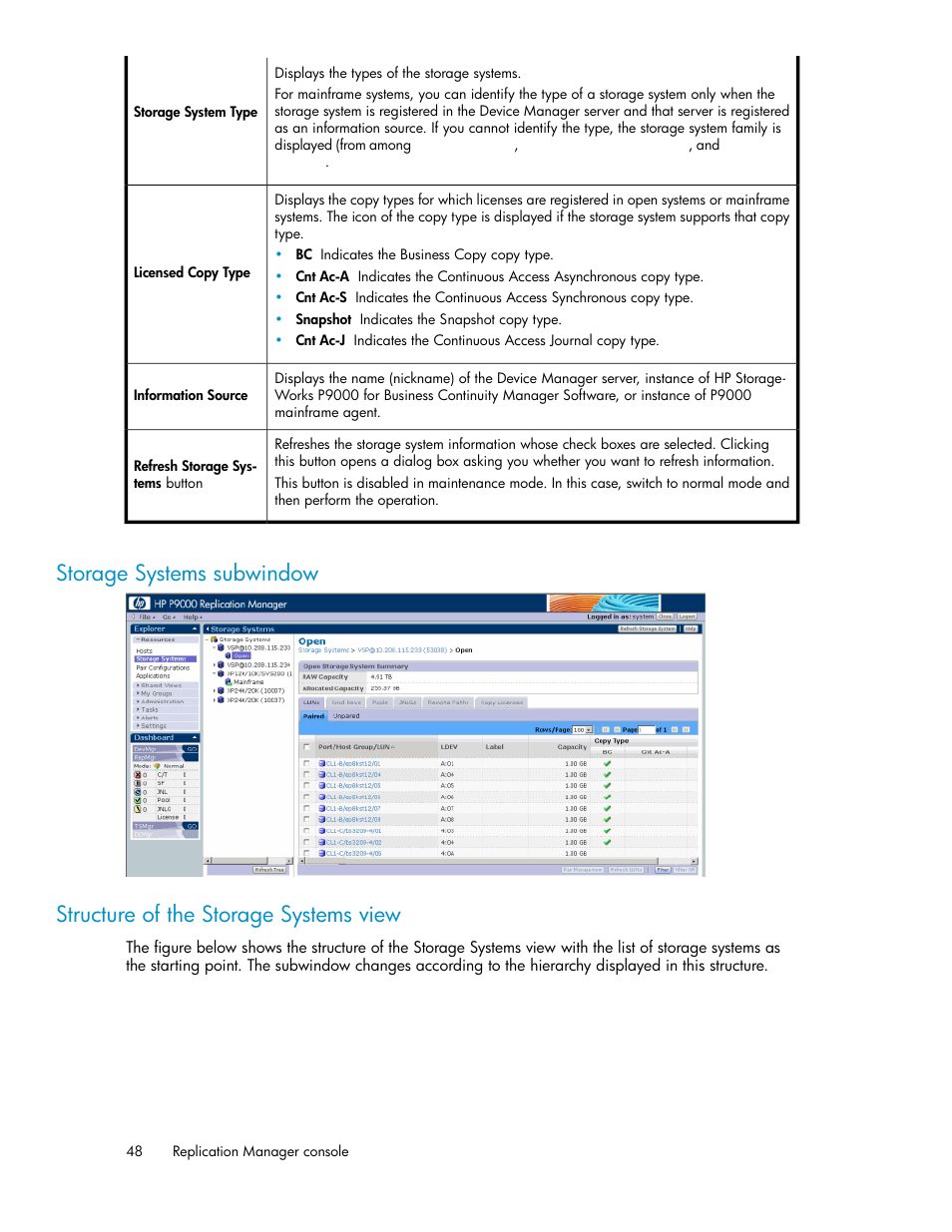 Storage systems subwindow, Structure of the storage systems view, 48 structure of the storage systems view | HP XP Racks User Manual | Page 48 / 482