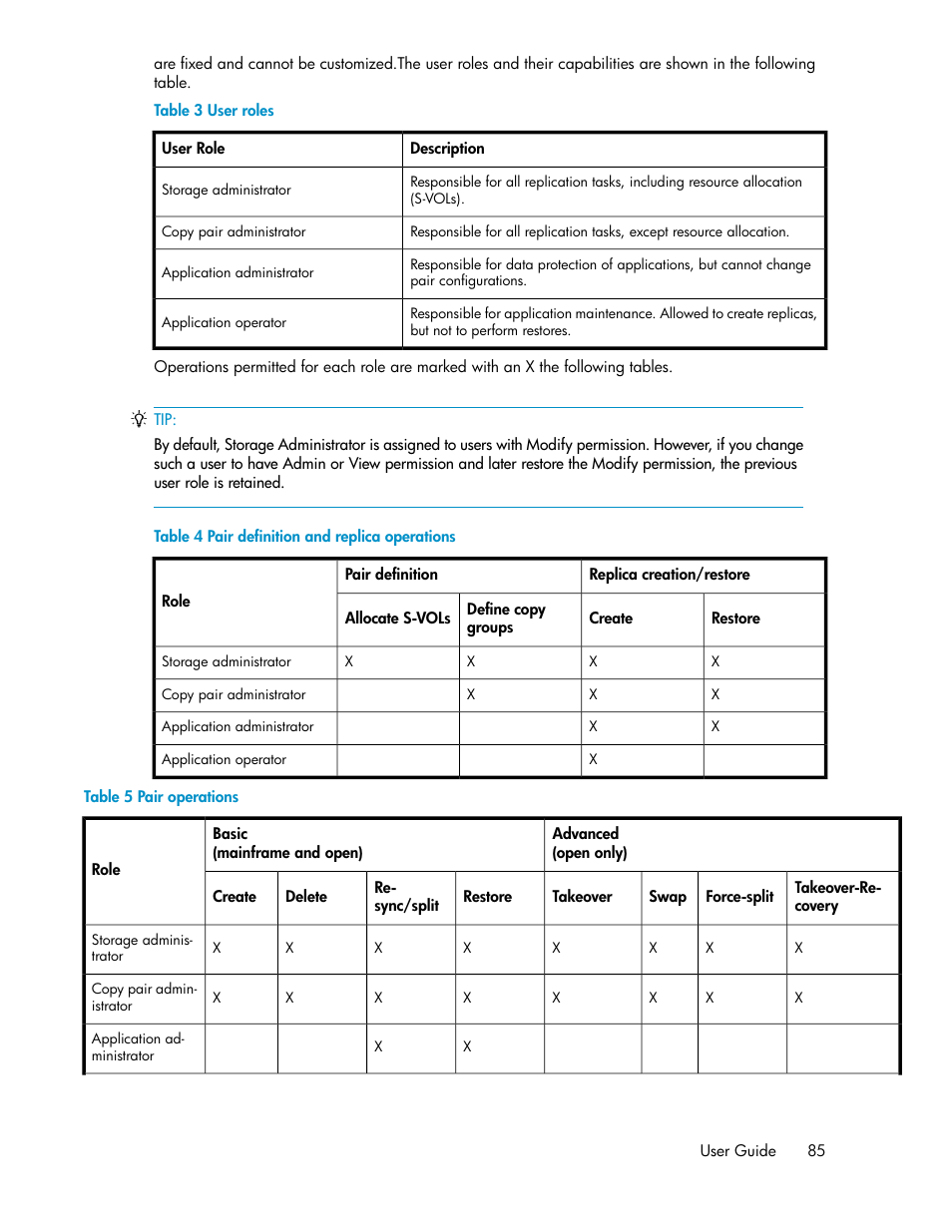 User roles, Pair definition and replica operations, Pair operations | HP XP Racks User Manual | Page 85 / 482