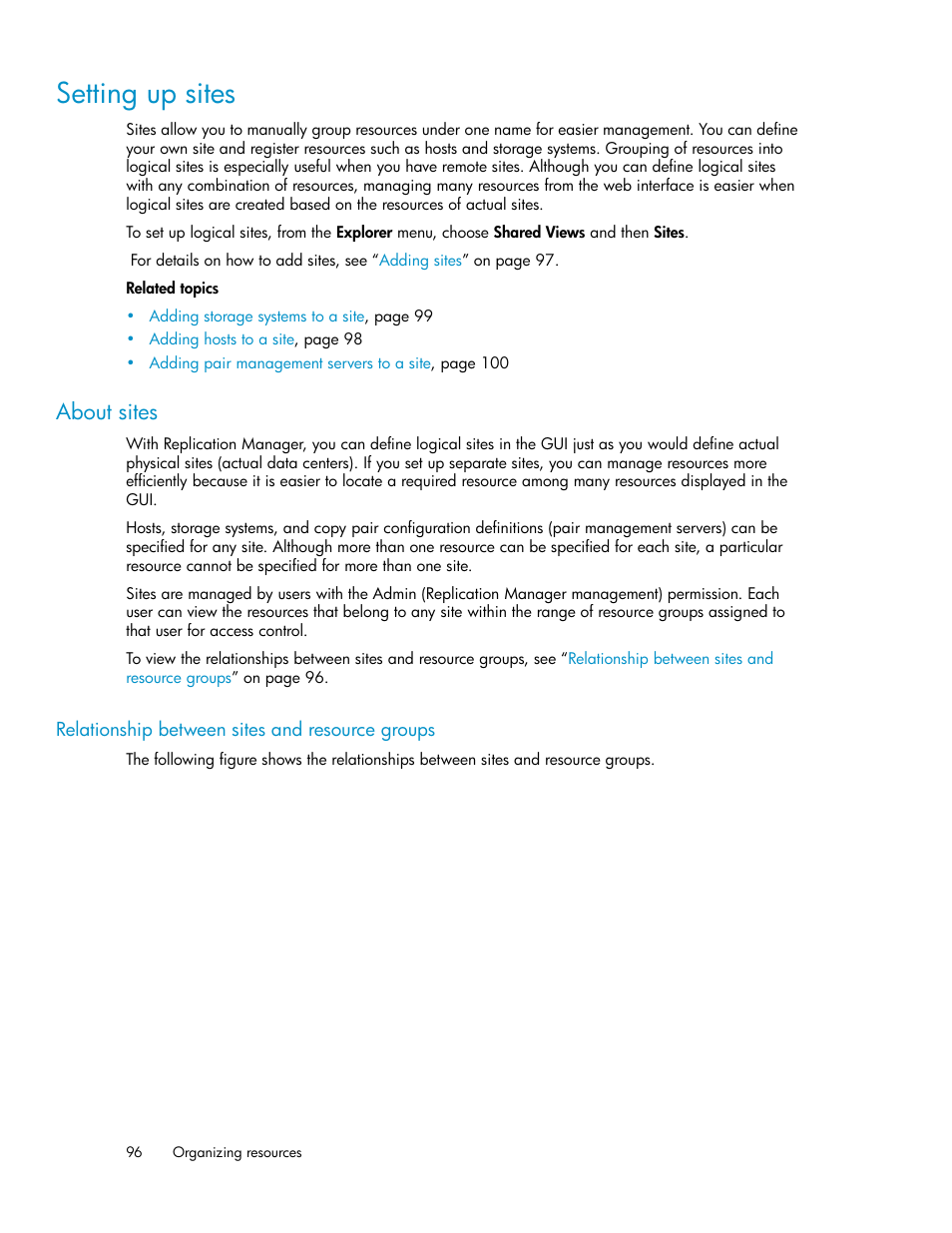 Setting up sites, About sites, Relationship between sites and resource groups | HP XP Racks User Manual | Page 96 / 482