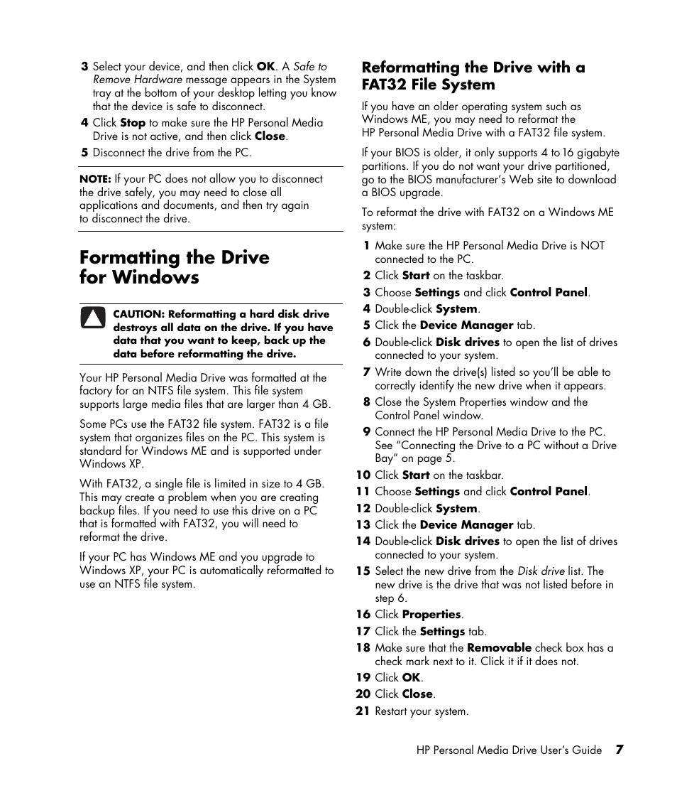 Formatting the drive for windows, Reformatting the drive with a fat32 file system | HP HD4000 Personal Media Drive User Manual | Page 11 / 16