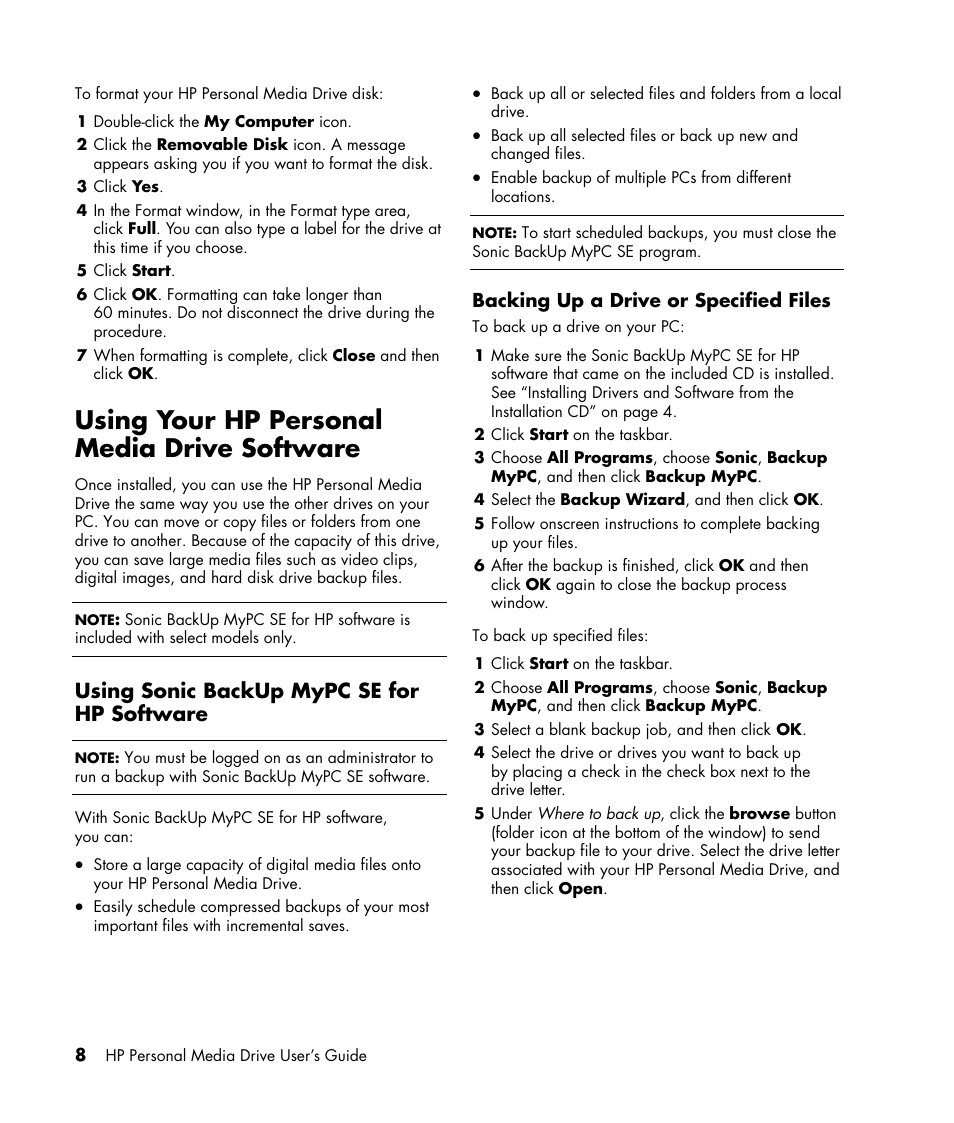 Using your hp personal media drive software, Using sonic backup mypc se for hp software, Backing up a drive or specified files | HP HD4000 Personal Media Drive User Manual | Page 12 / 16