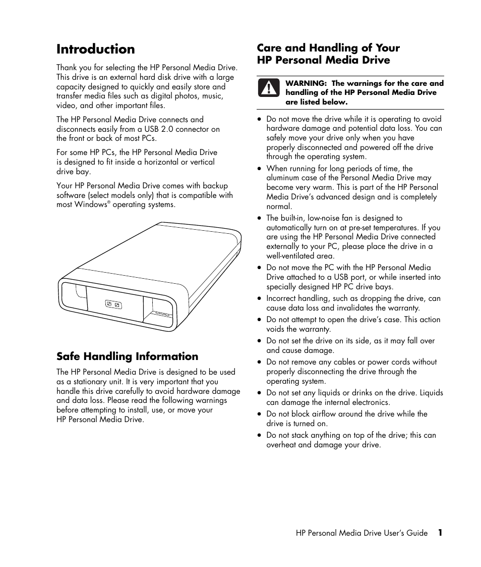 Introduction, Safe handling information, Care and handling of your hp personal media drive | HP HD4000 Personal Media Drive User Manual | Page 5 / 16