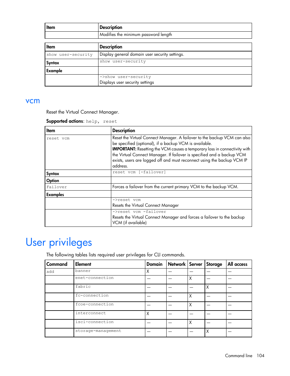 User privileges | HP Virtual Connect 8Gb 24-port Fibre Channel Module for c-Class BladeSystem User Manual | Page 104 / 162