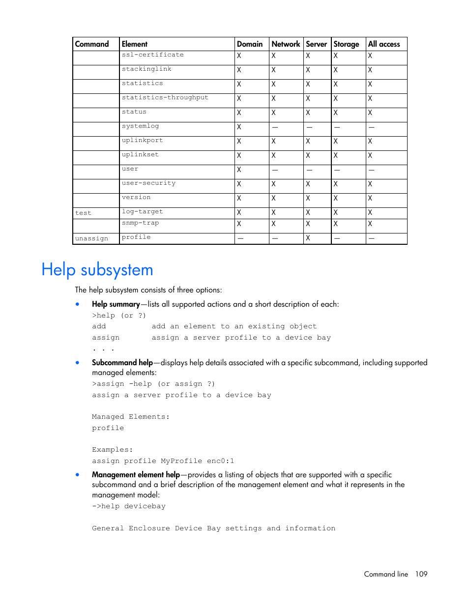 Help subsystem | HP Virtual Connect 8Gb 24-port Fibre Channel Module for c-Class BladeSystem User Manual | Page 109 / 162