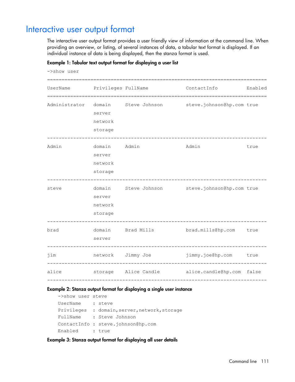 Interactive user output format | HP Virtual Connect 8Gb 24-port Fibre Channel Module for c-Class BladeSystem User Manual | Page 111 / 162