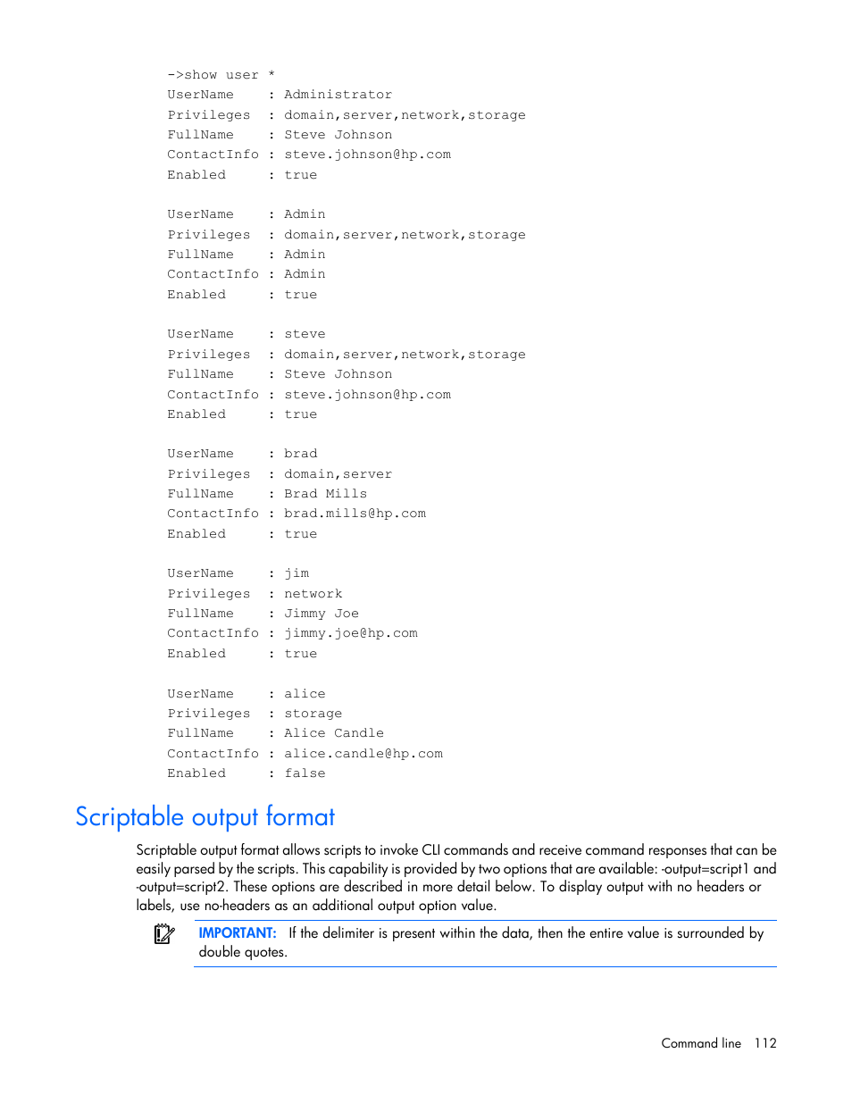 Scriptable output format | HP Virtual Connect 8Gb 24-port Fibre Channel Module for c-Class BladeSystem User Manual | Page 112 / 162