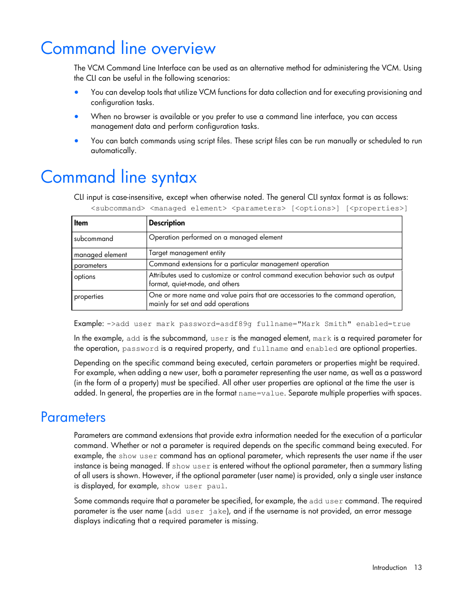 Command line overview, Command line syntax, Parameters | HP Virtual Connect 8Gb 24-port Fibre Channel Module for c-Class BladeSystem User Manual | Page 13 / 162