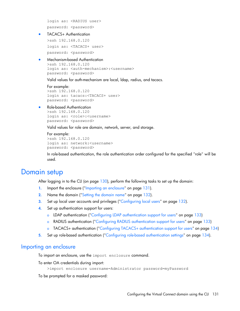 Domain setup, Importing an enclosure | HP Virtual Connect 8Gb 24-port Fibre Channel Module for c-Class BladeSystem User Manual | Page 131 / 162