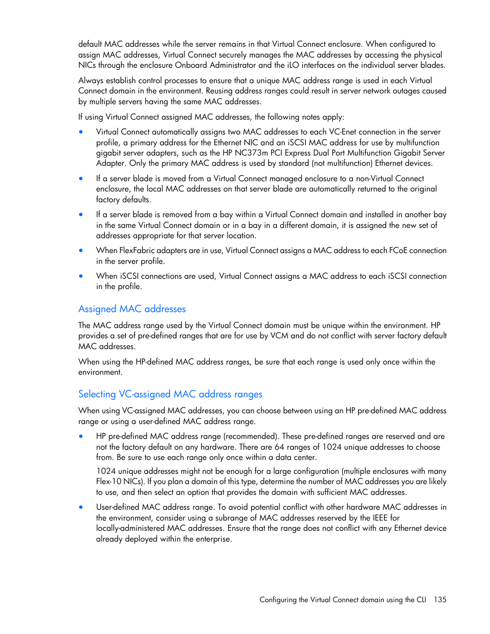Assigned mac addresses, Selecting vc-assigned mac address ranges | HP Virtual Connect 8Gb 24-port Fibre Channel Module for c-Class BladeSystem User Manual | Page 135 / 162