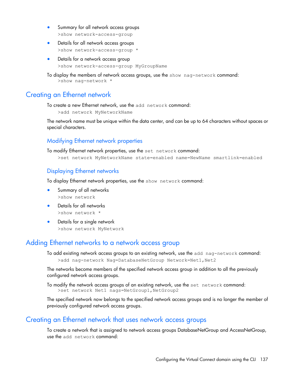 Creating an ethernet network, Modifying ethernet network properties, Displaying ethernet networks | Adding ethernet networks to a network access group | HP Virtual Connect 8Gb 24-port Fibre Channel Module for c-Class BladeSystem User Manual | Page 137 / 162