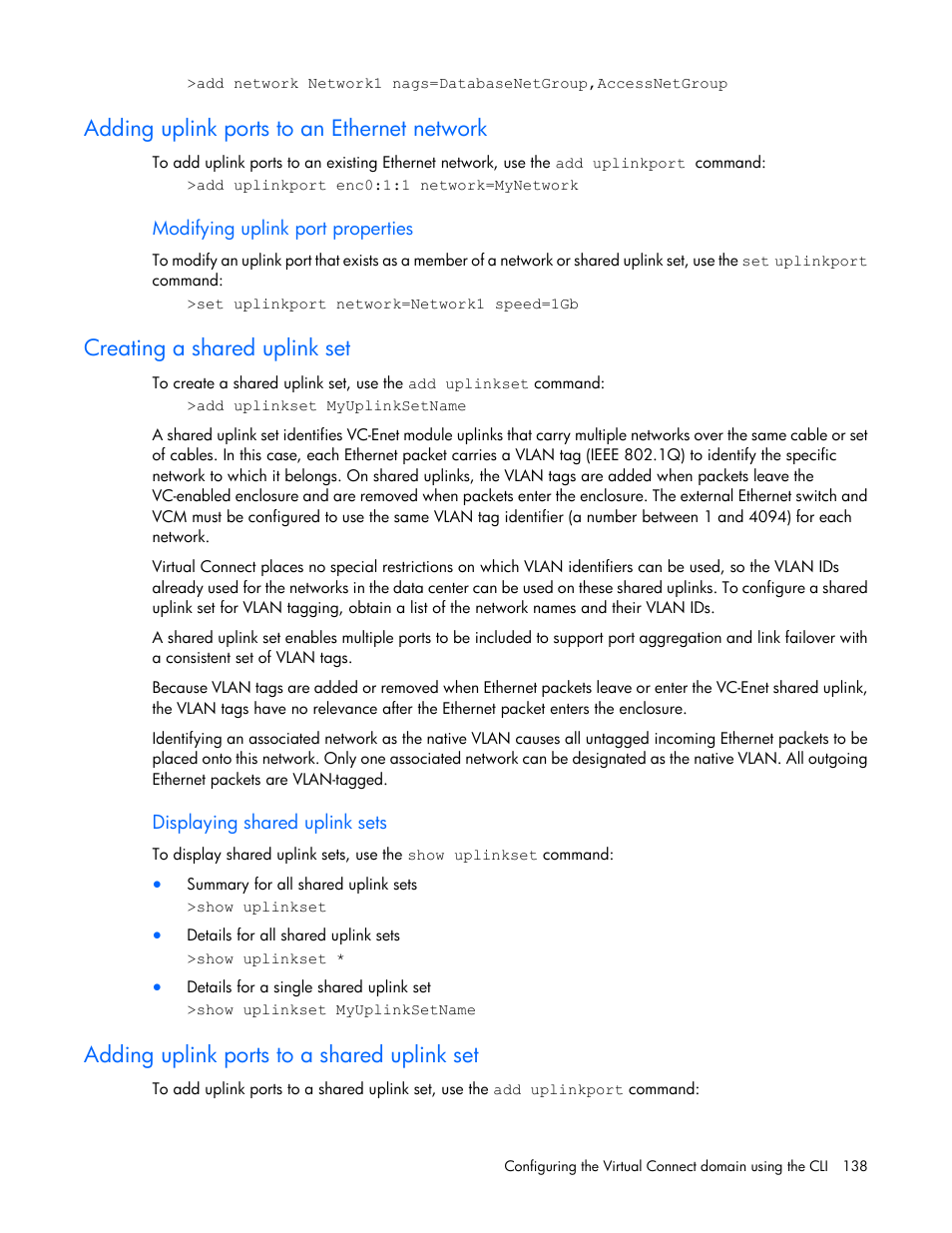 Adding uplink ports to an ethernet network, Modifying uplink port properties, Creating a shared uplink set | Displaying shared uplink sets, Adding uplink ports to a shared uplink set | HP Virtual Connect 8Gb 24-port Fibre Channel Module for c-Class BladeSystem User Manual | Page 138 / 162