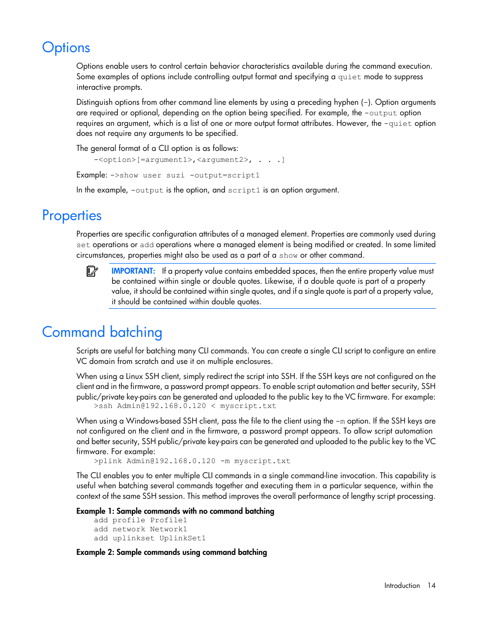 Options, Properties, Command batching | HP Virtual Connect 8Gb 24-port Fibre Channel Module for c-Class BladeSystem User Manual | Page 14 / 162