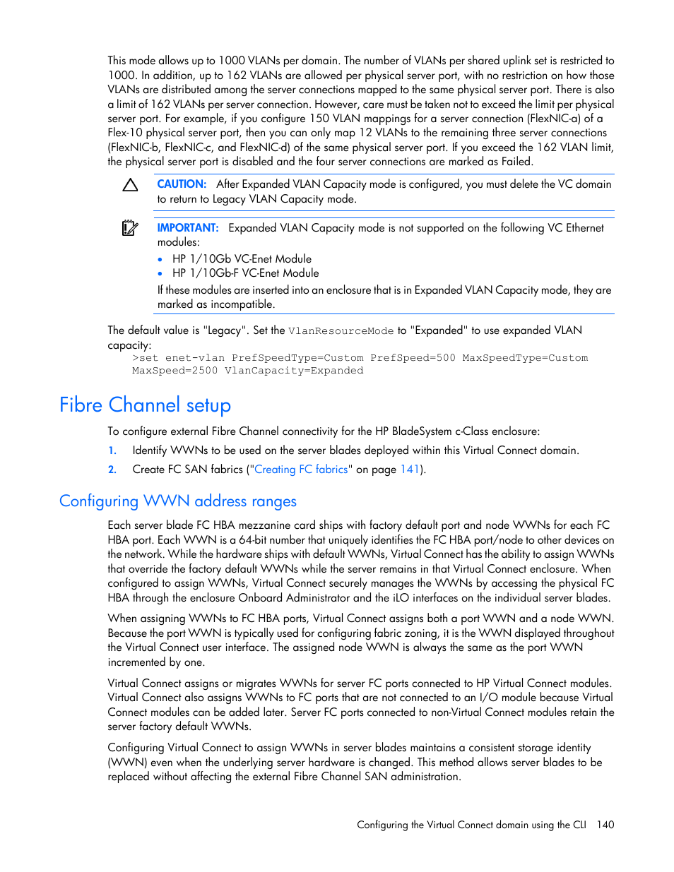 Fibre channel setup, Configuring wwn address ranges | HP Virtual Connect 8Gb 24-port Fibre Channel Module for c-Class BladeSystem User Manual | Page 140 / 162