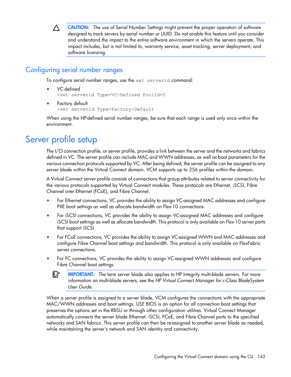 Configuring serial number ranges, Server profile setup | HP Virtual Connect 8Gb 24-port Fibre Channel Module for c-Class BladeSystem User Manual | Page 142 / 162