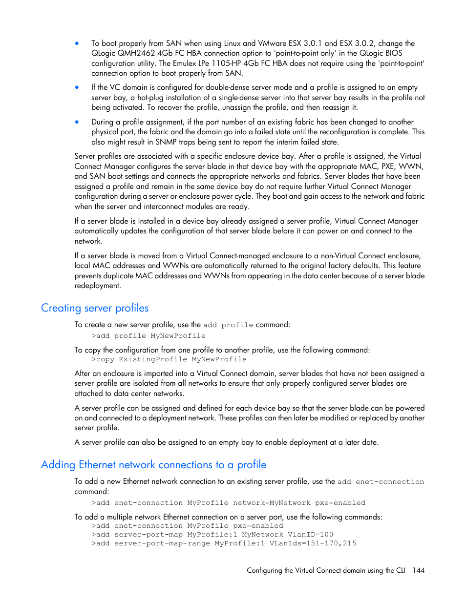 Creating server profiles, Adding ethernet network connections to a profile | HP Virtual Connect 8Gb 24-port Fibre Channel Module for c-Class BladeSystem User Manual | Page 144 / 162
