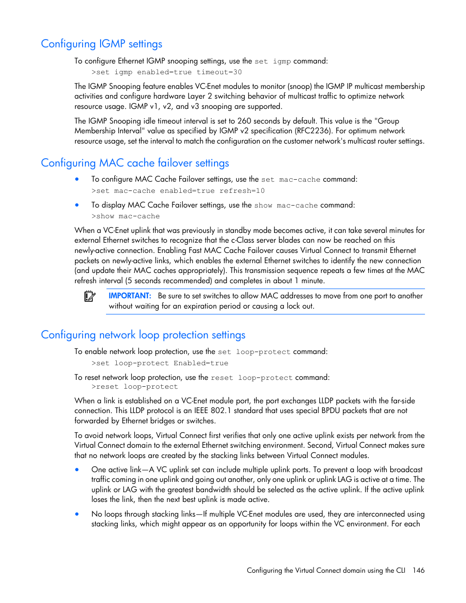 Configuring igmp settings, Configuring mac cache failover settings, Configuring network loop protection settings | HP Virtual Connect 8Gb 24-port Fibre Channel Module for c-Class BladeSystem User Manual | Page 146 / 162