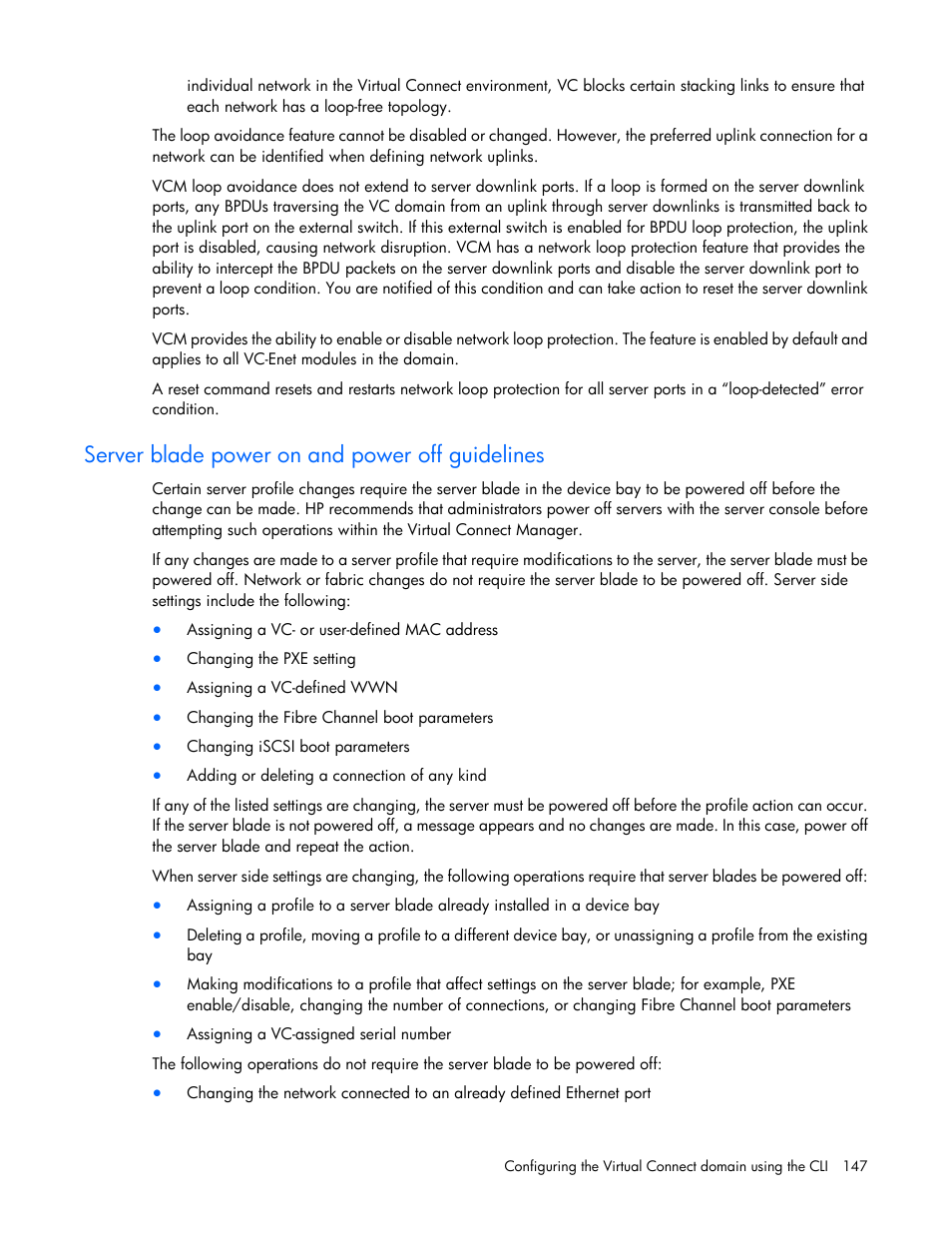 Server blade power on and power off guidelines | HP Virtual Connect 8Gb 24-port Fibre Channel Module for c-Class BladeSystem User Manual | Page 147 / 162
