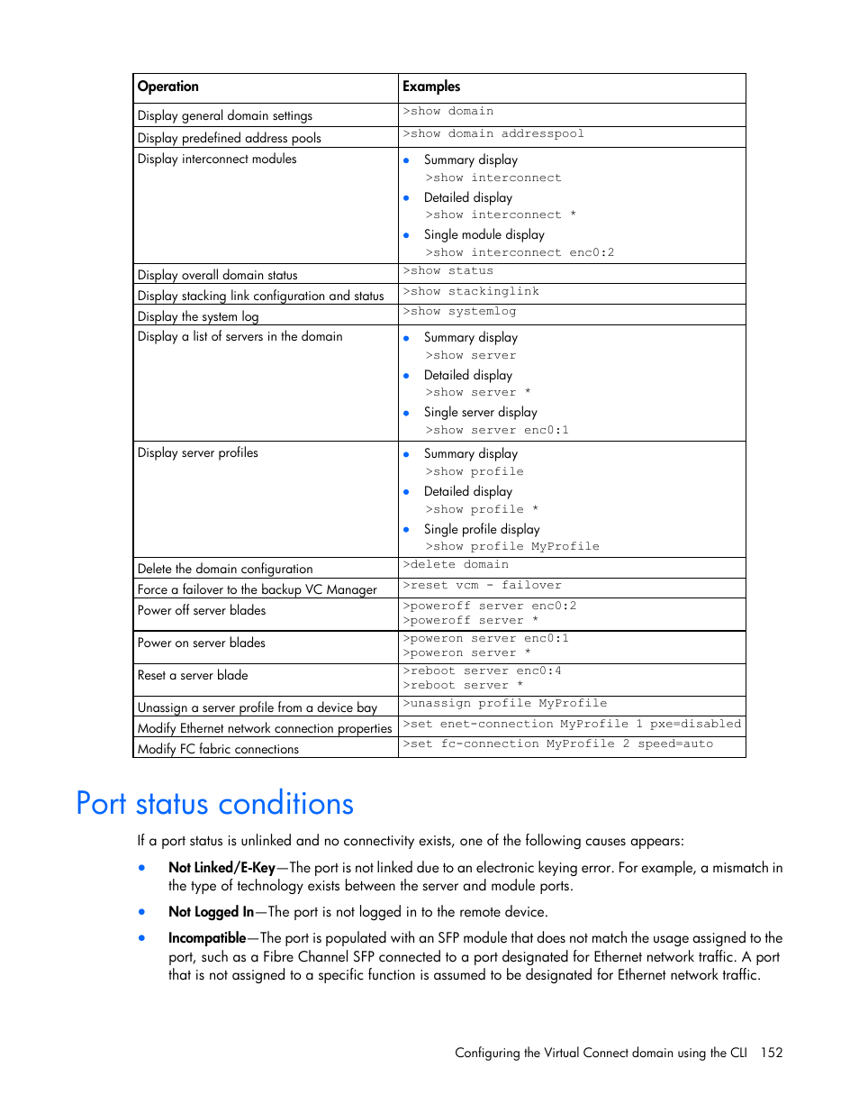 Port status conditions | HP Virtual Connect 8Gb 24-port Fibre Channel Module for c-Class BladeSystem User Manual | Page 152 / 162