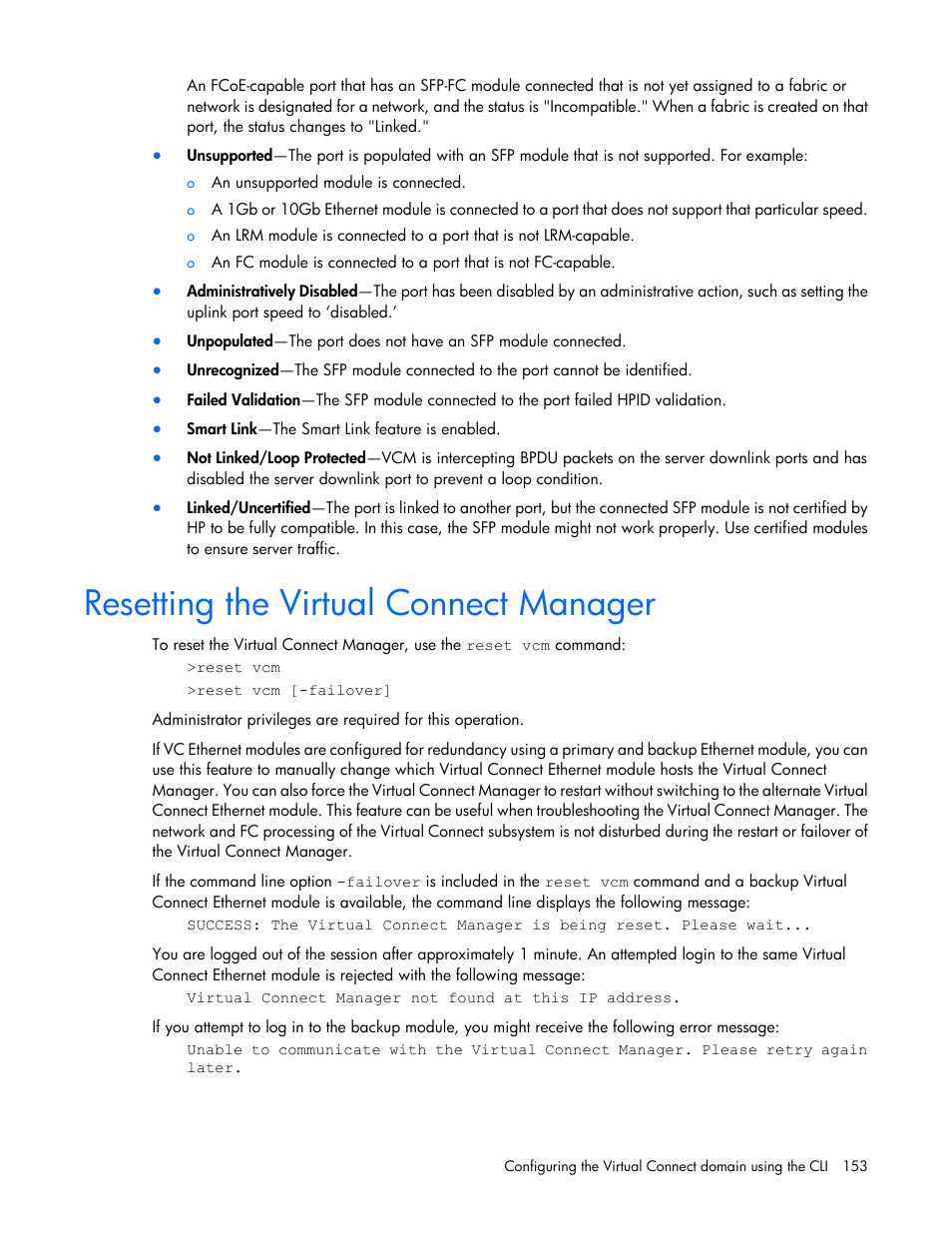 Resetting the virtual connect manager | HP Virtual Connect 8Gb 24-port Fibre Channel Module for c-Class BladeSystem User Manual | Page 153 / 162