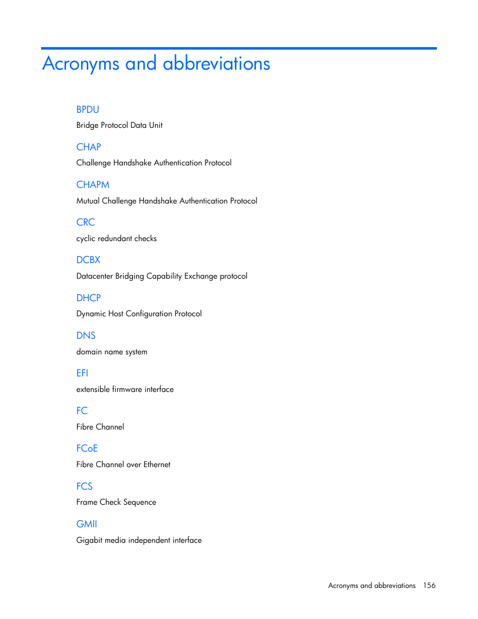 Acronyms and abbreviations | HP Virtual Connect 8Gb 24-port Fibre Channel Module for c-Class BladeSystem User Manual | Page 156 / 162