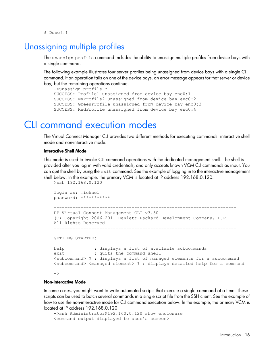 Unassigning multiple profiles, Cli command execution modes | HP Virtual Connect 8Gb 24-port Fibre Channel Module for c-Class BladeSystem User Manual | Page 16 / 162