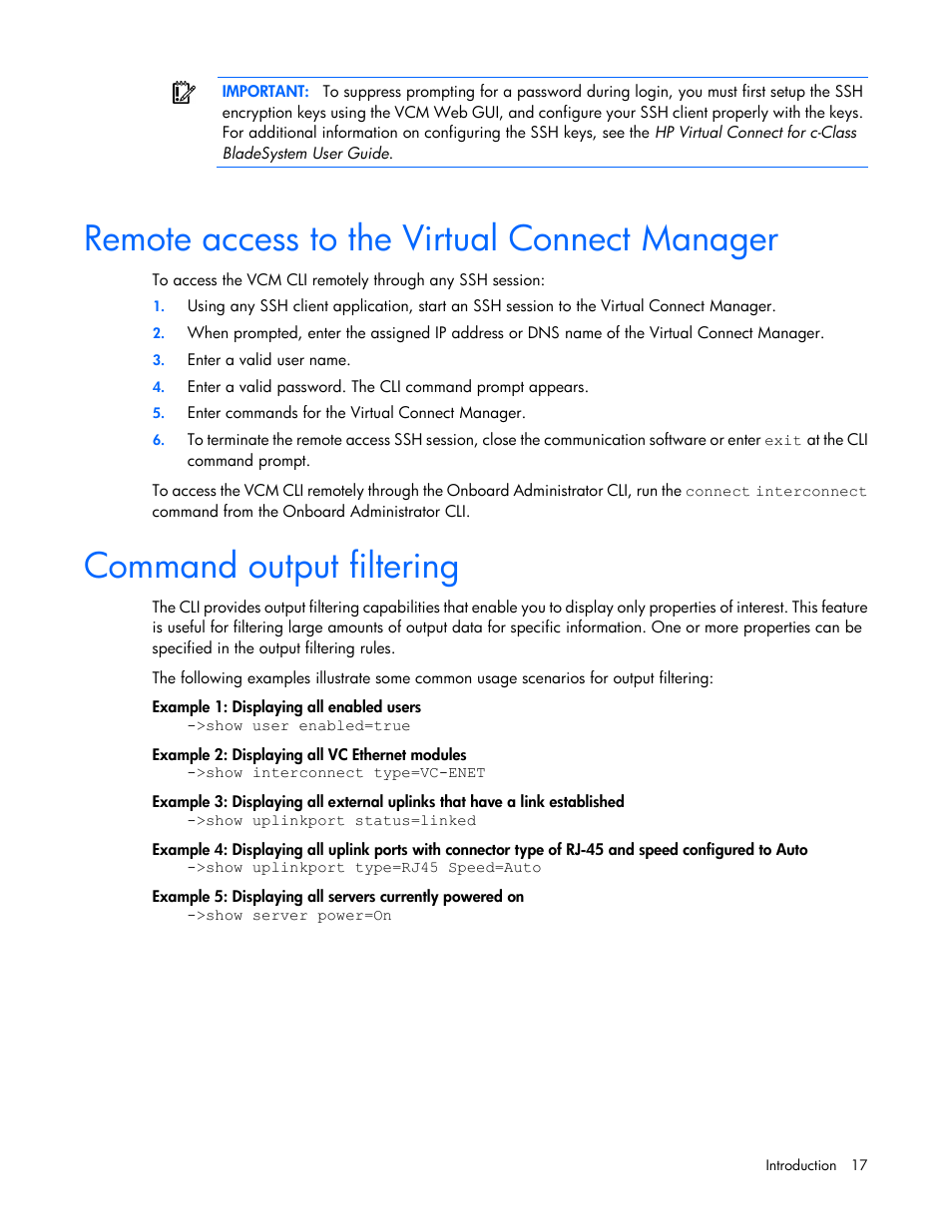 Remote access to the virtual connect manager, Command output filtering | HP Virtual Connect 8Gb 24-port Fibre Channel Module for c-Class BladeSystem User Manual | Page 17 / 162