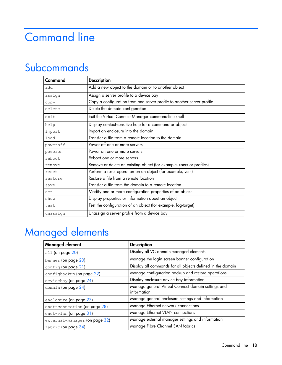 Command line, Subcommands, Managed elements | HP Virtual Connect 8Gb 24-port Fibre Channel Module for c-Class BladeSystem User Manual | Page 18 / 162