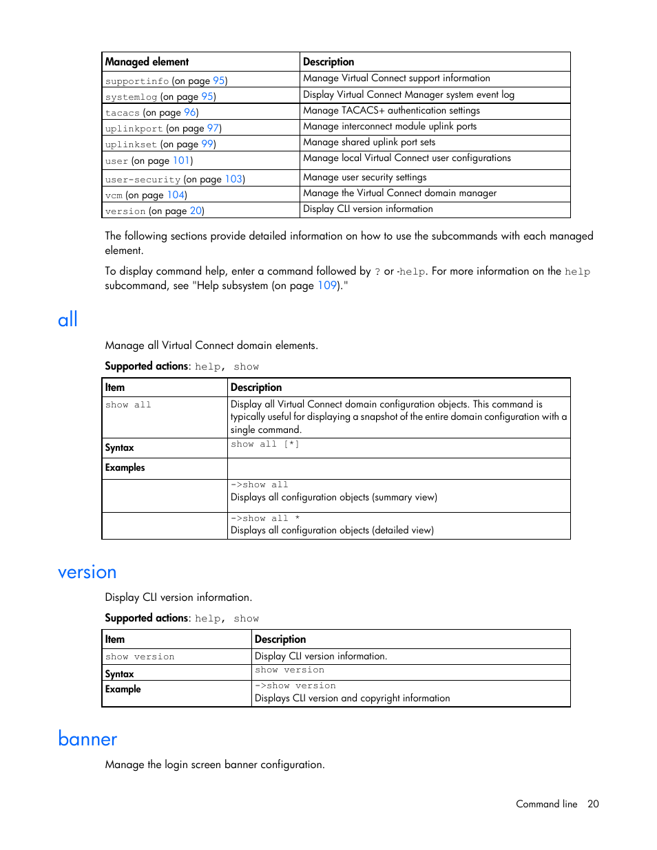 Version, Banner | HP Virtual Connect 8Gb 24-port Fibre Channel Module for c-Class BladeSystem User Manual | Page 20 / 162