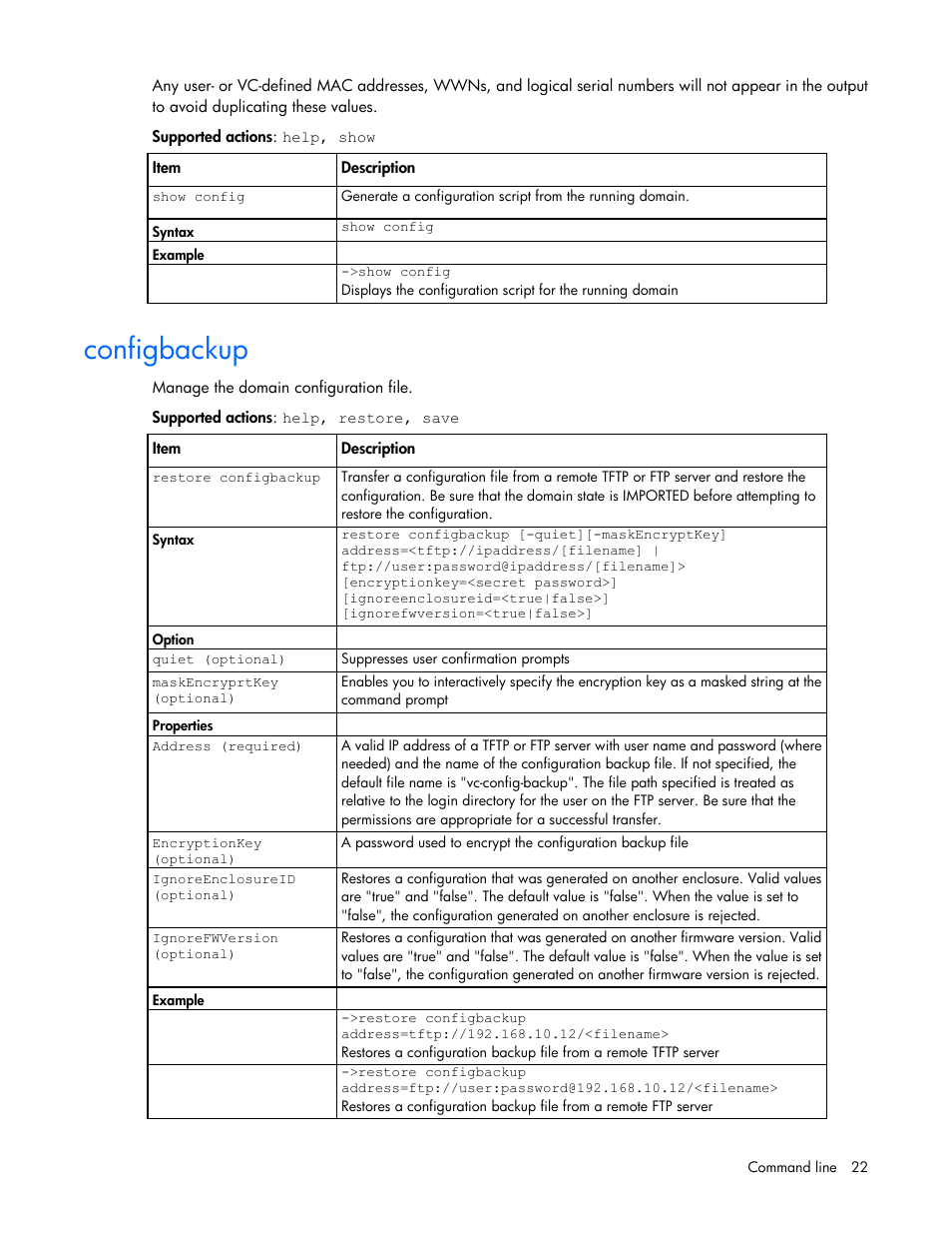 Configbackup | HP Virtual Connect 8Gb 24-port Fibre Channel Module for c-Class BladeSystem User Manual | Page 22 / 162