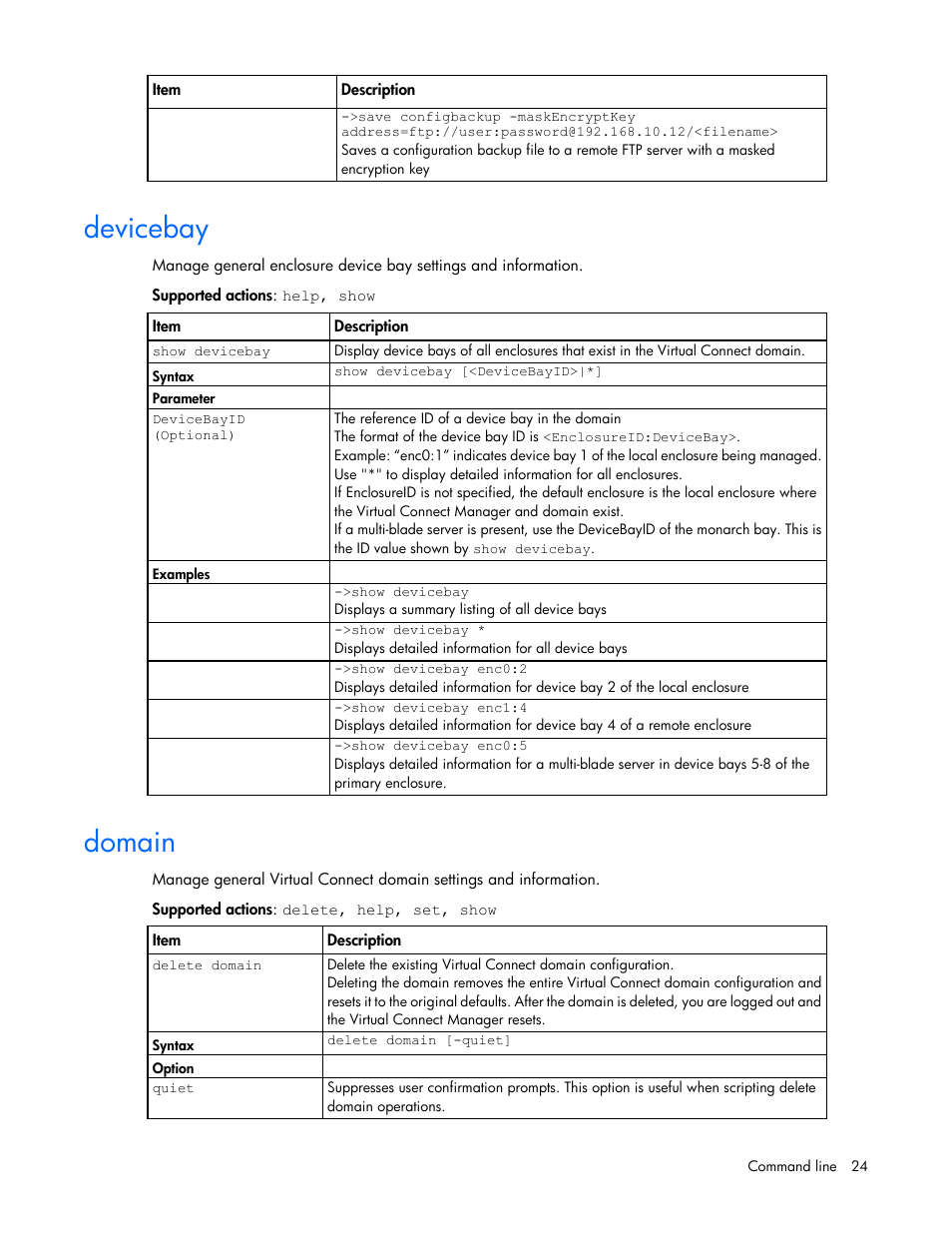 Devicebay, Domain | HP Virtual Connect 8Gb 24-port Fibre Channel Module for c-Class BladeSystem User Manual | Page 24 / 162