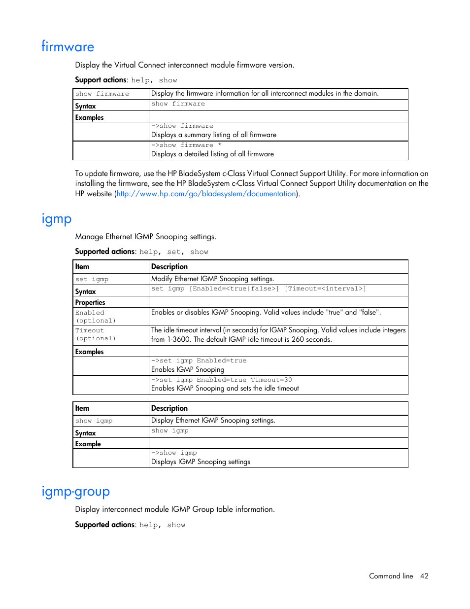 Firmware, Igmp, Igmp-group | HP Virtual Connect 8Gb 24-port Fibre Channel Module for c-Class BladeSystem User Manual | Page 42 / 162