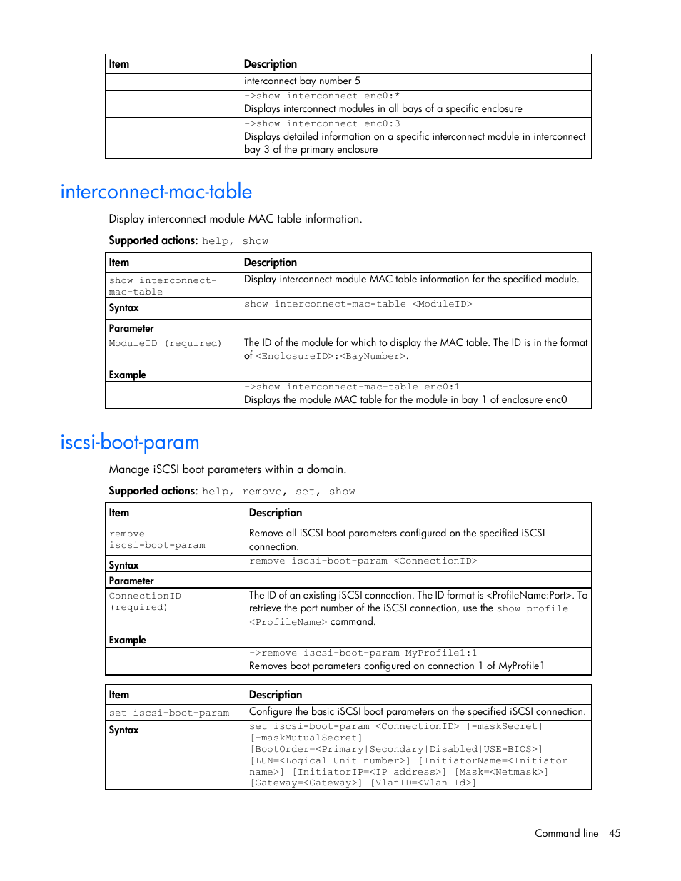 Interconnect-mac-table, Iscsi-boot-param | HP Virtual Connect 8Gb 24-port Fibre Channel Module for c-Class BladeSystem User Manual | Page 45 / 162