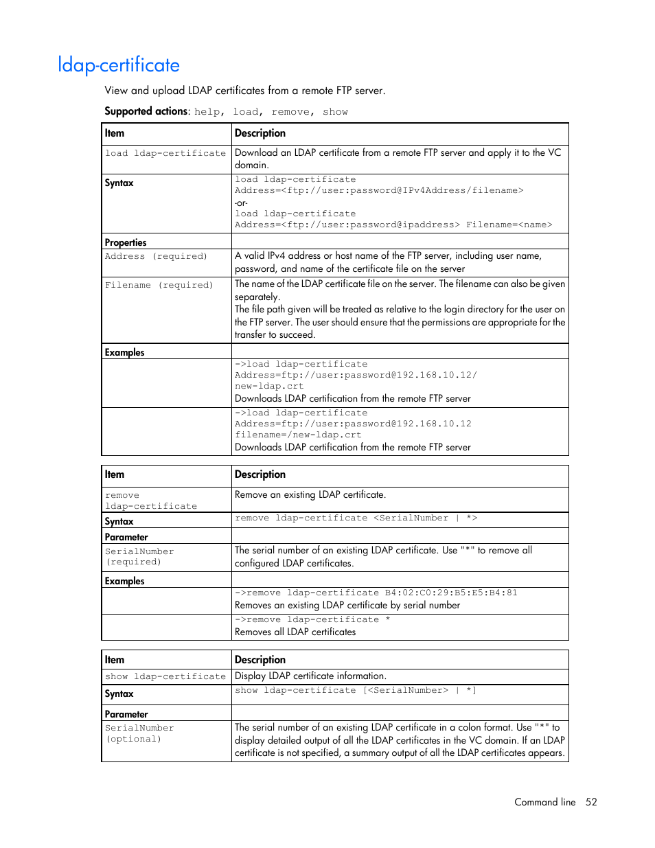 Ldap-certificate | HP Virtual Connect 8Gb 24-port Fibre Channel Module for c-Class BladeSystem User Manual | Page 52 / 162