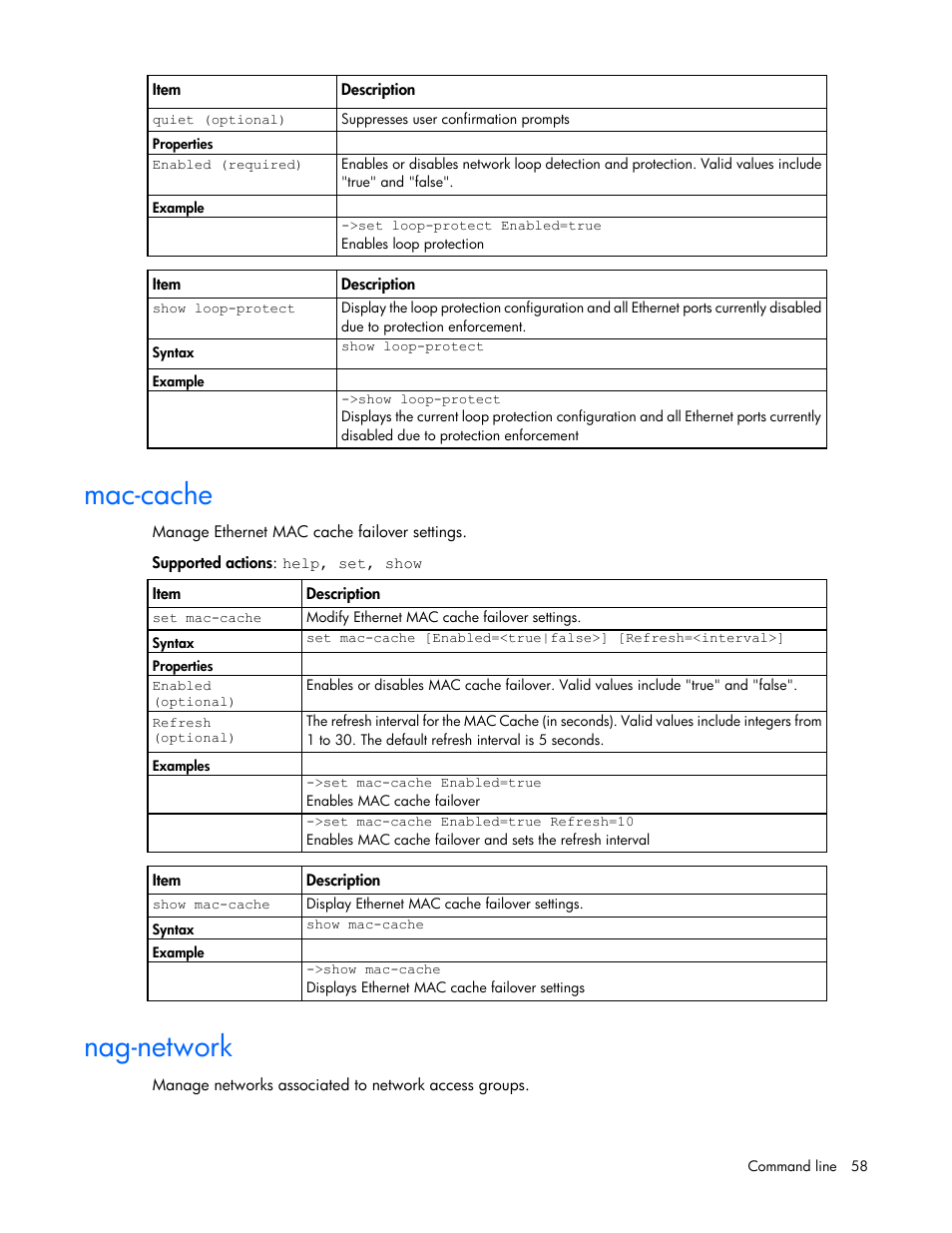Mac-cache, Nag-network | HP Virtual Connect 8Gb 24-port Fibre Channel Module for c-Class BladeSystem User Manual | Page 58 / 162