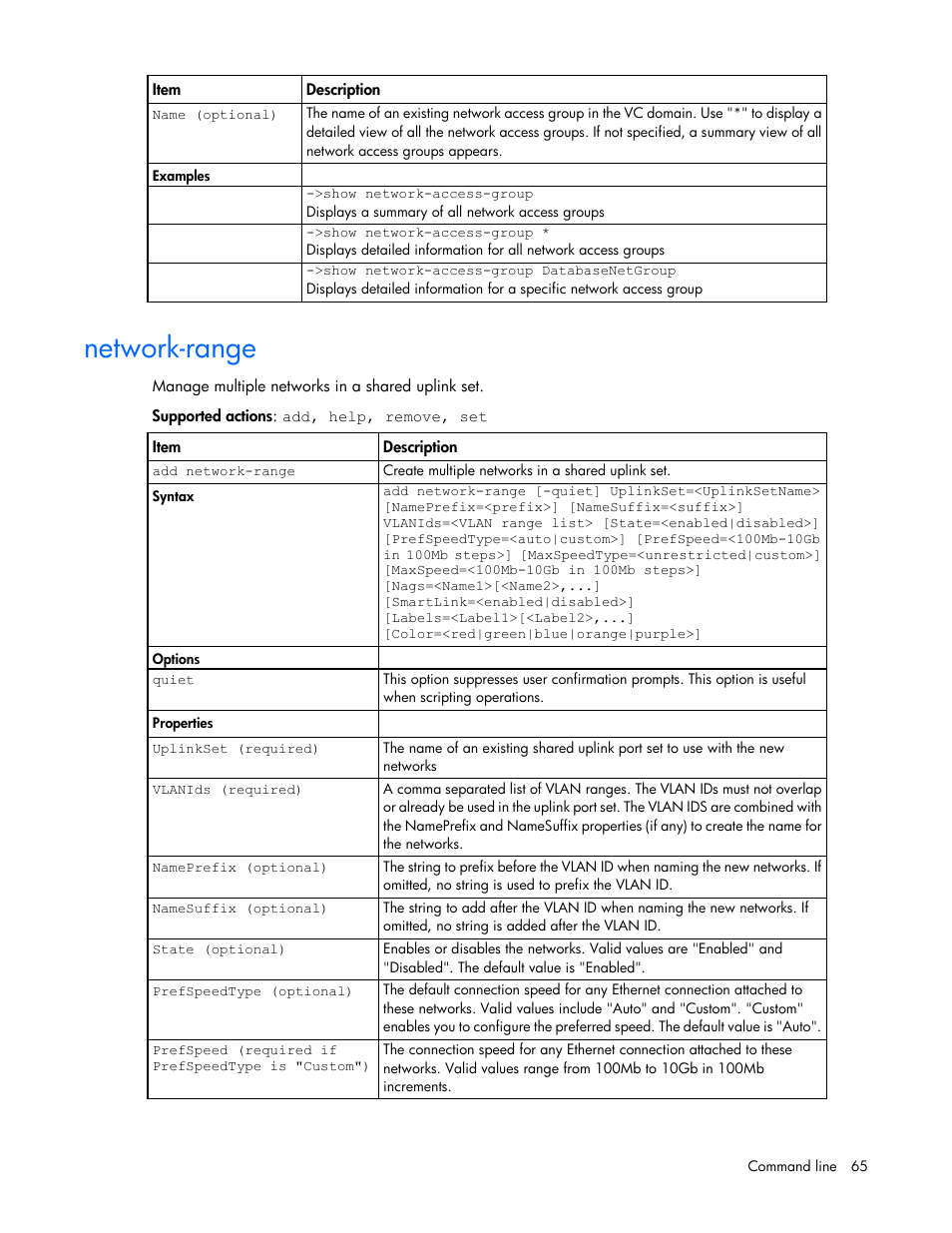 Network-range | HP Virtual Connect 8Gb 24-port Fibre Channel Module for c-Class BladeSystem User Manual | Page 65 / 162