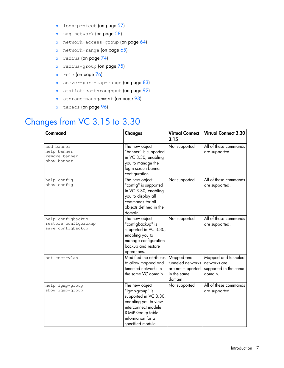 Changes from vc 3.15 to 3.30 | HP Virtual Connect 8Gb 24-port Fibre Channel Module for c-Class BladeSystem User Manual | Page 7 / 162