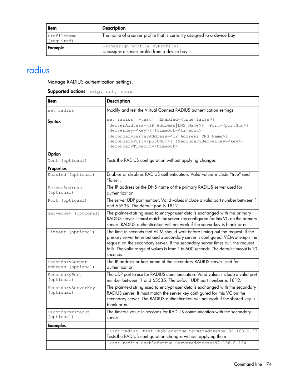 Radius | HP Virtual Connect 8Gb 24-port Fibre Channel Module for c-Class BladeSystem User Manual | Page 74 / 162